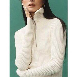 Anthropologie Maeve White Ribbed Fitted Half Zip Turtleneck Sweater Size XL